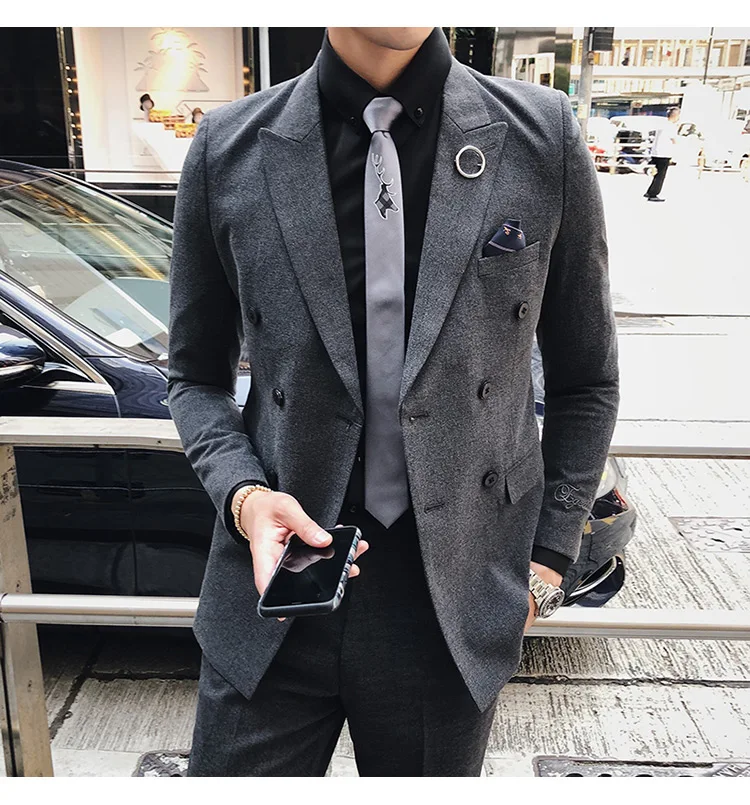 Серый хаки мужской костюм двубортное свадебное платье для мужчин костюм Homme Mariage новейший дизайн пальто брюки повседневные Костюмы Q633