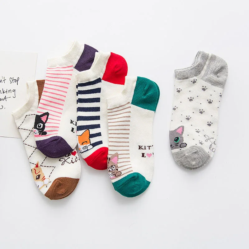 5 пар, женские хлопковые носки, мягкие, удобные, эластичные носки, с рисунком кота, в полоску, цветные, повседневные носки
