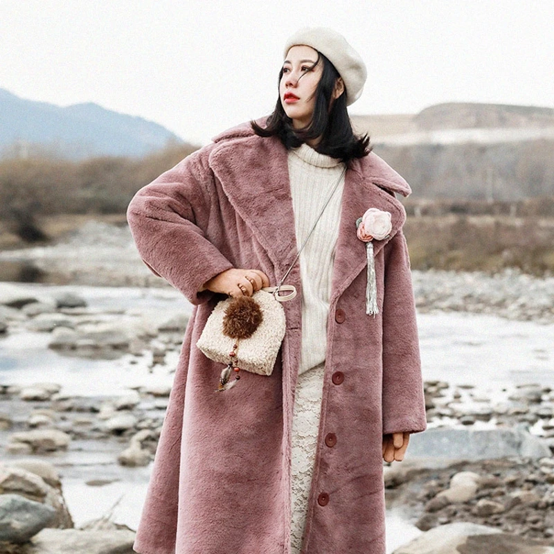 

2019 New Collection vintage long faux rabbit fur coat women