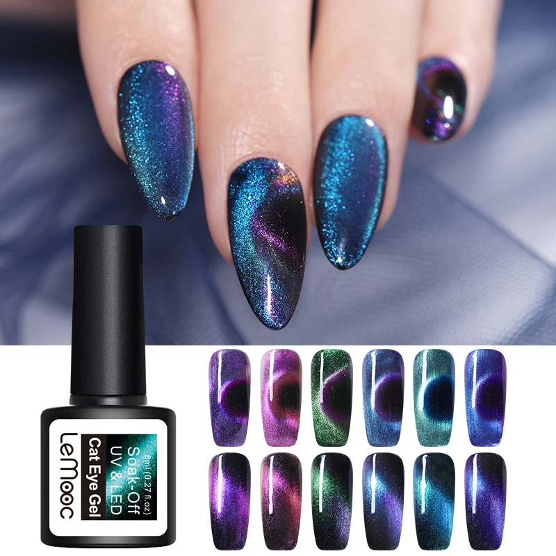 

LEMOOC 8ml Nail Polish Magnet Cat Eye Soak Off Semi Vernis Permanant Holographic Glitter gel lacuqer UV LED Varnish