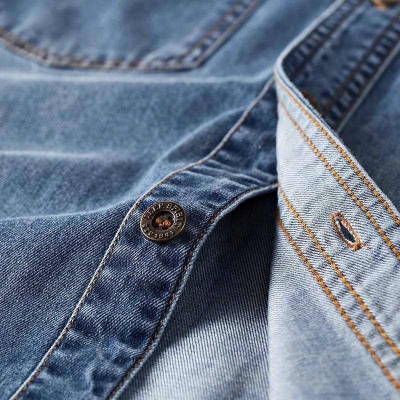 Mens Shirts Casual Long Sleeve Denim Cotton Shirt 2 Pocket Embroidery Male Clothes  Jeans Shirts Loose Baggy Plus Size S-4XL