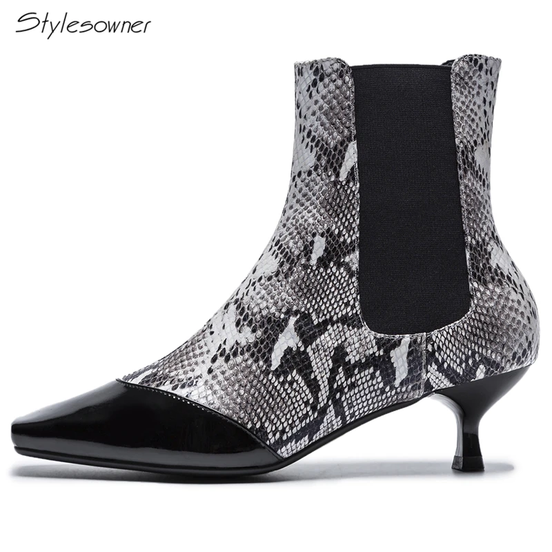 

Stylesowner Sexy Elastic Snake Pattern Ankle Chelsea Boots Female Square Toe Short Botas Strange Heels Women Patchwork Shoes Hot