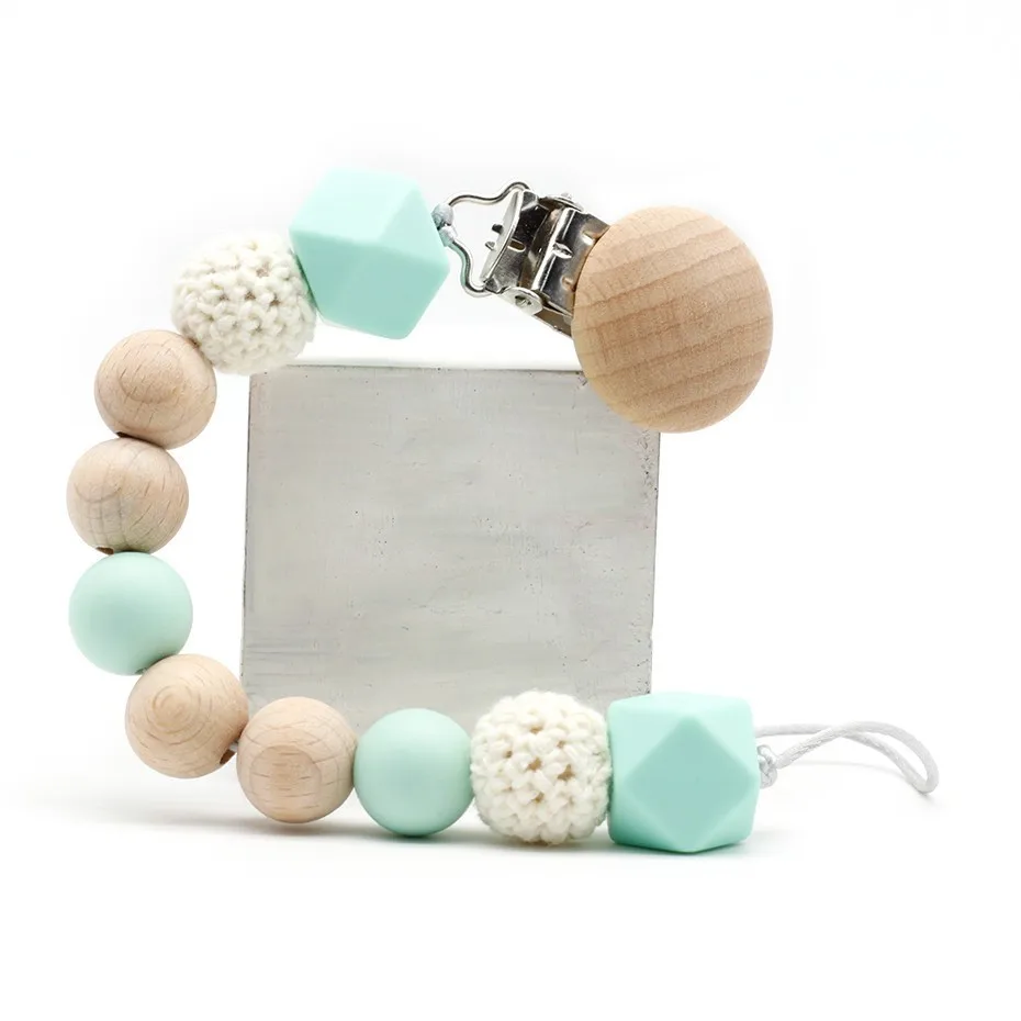 Online Silikon Beech Kayu Mengunyah Manik manik Dot Klip Dummy Dudukan Klip Lucu Dot Klip Penenang Model Rantai Mainan Gigi Bayi Bayi Mengunyah