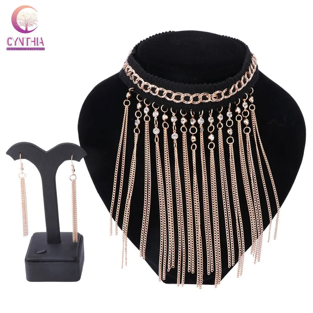 Boho crystal Women jewelry sets with earrings Gold color silver plated statement necklace for