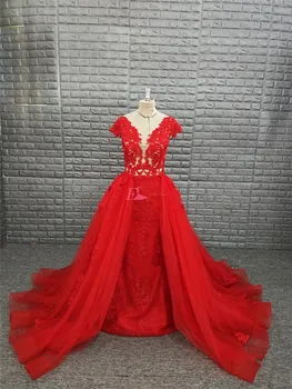 

Real Sample Elegant Red Evening Gowns With Removable Overskirt V Neck Lace Prom Dress Mermaid Lady Long Celebrity Party Dresses