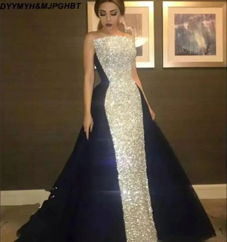 

Elegant New Saudi Arabic Long Evening Dresses Dubai 2019 Sequined Lace And Satin Ball Gown Celebrity Evening Gowns