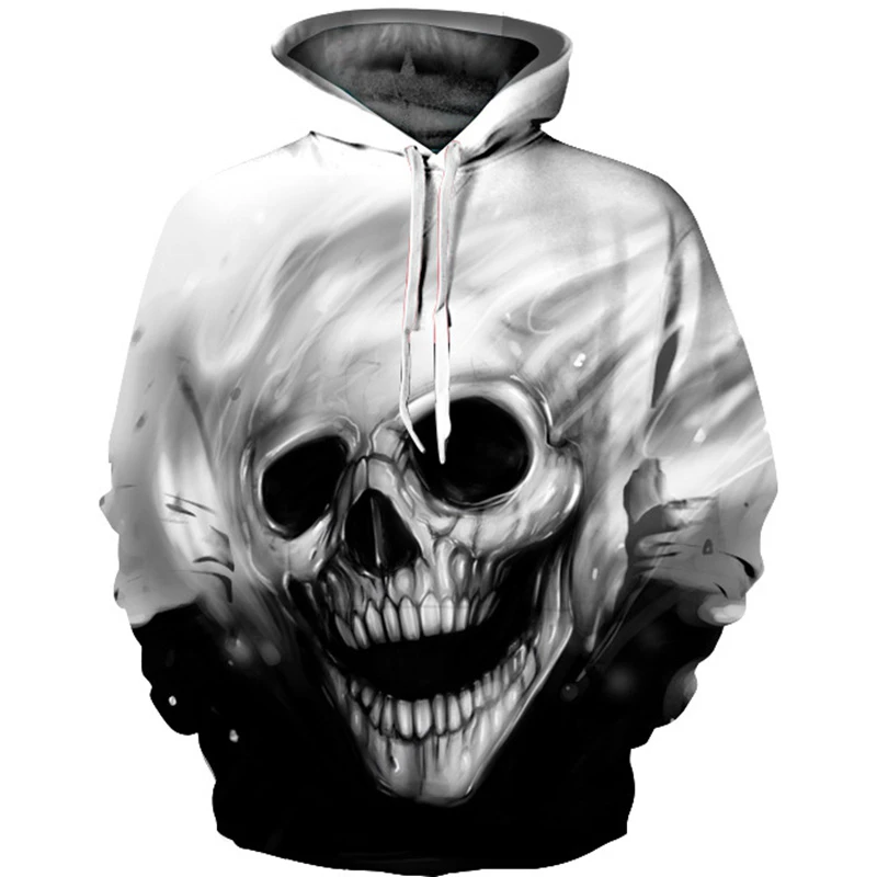 X-Future Men Long Sleeve Skull Printed Hip-hop 3D Pullover Sweatshirt Hoodie with Pockets 