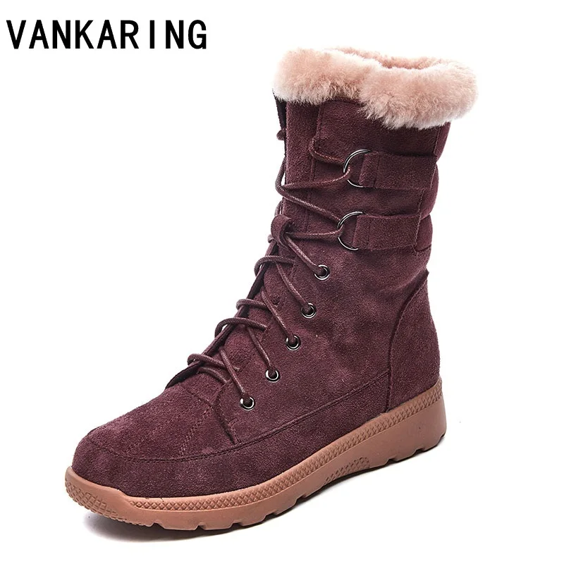 

women shoes leather winter snow boots fur warm plush casual shoes woman flat wool ankle boots round toe lace up platform boots