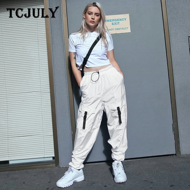Женские брюки с высокой талией TCJULY Harajuku повседневные белые карманами весна