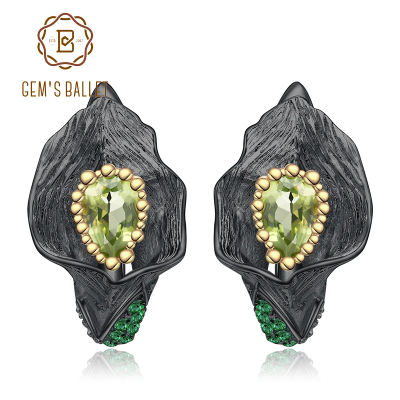 

GEM'S BALLET 1.57Ct Natural Peridot Calla Lily Leaf Earrings 925 Sterling Silver Handmade Stud Earrings for Women Brincos