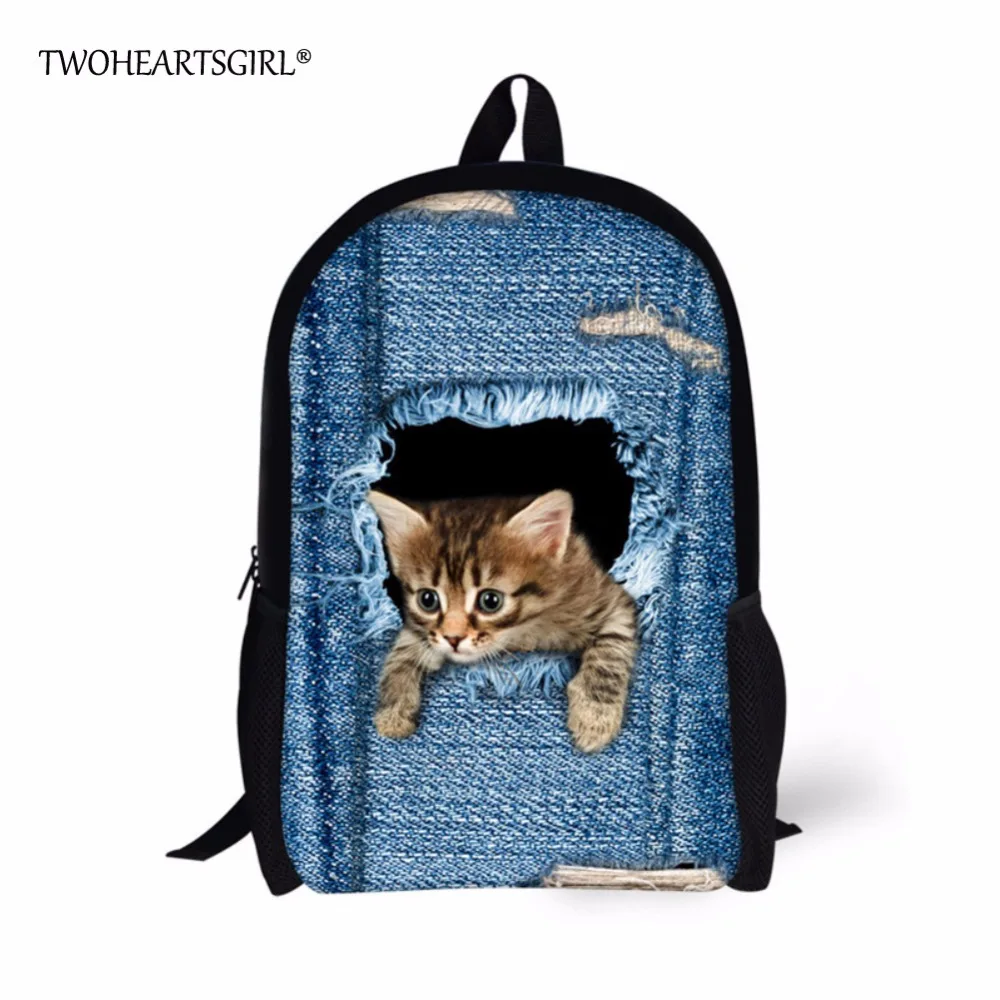 

TWOHEARTSGIRL Cute Animal Denim Cat Girls Backpack for School Kids Personalized 3D Primary Children Backpack Child Kids Bagpack