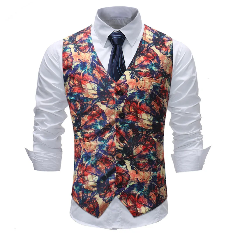 New M-5XL Men's Vest 2020 Chalecos Para Hombre Men Fashion Print Flower Casual Suit Four Seasons Colete Masculino | Мужская одежда