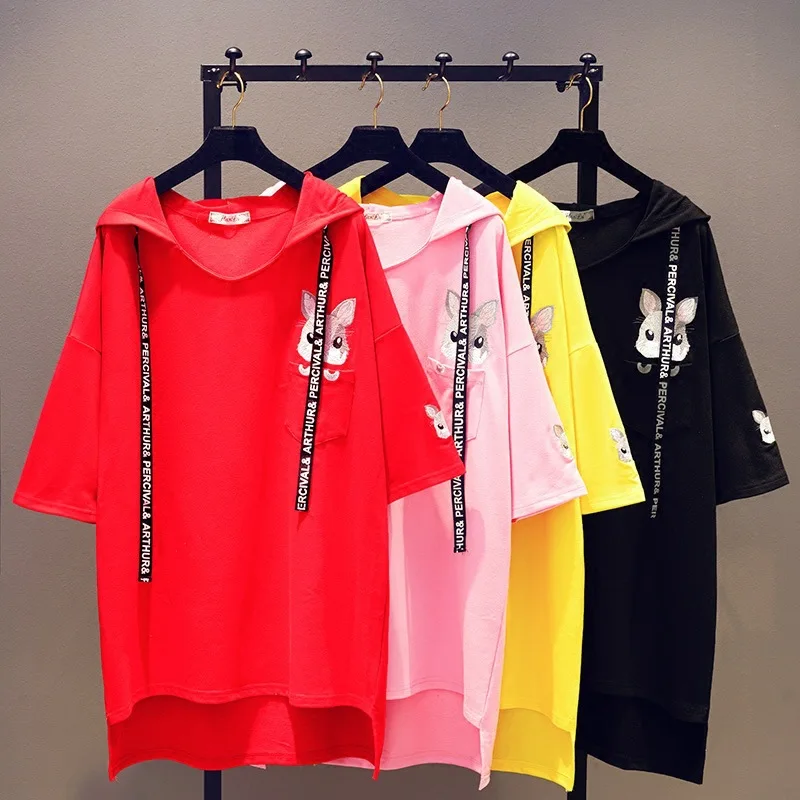 

2018 Summer Bat Shirt Women New Loose Big Code Rabbit Embroidered T-shirt Female Lady Long T-shirt Hooded Tops for Mon