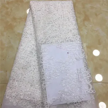 

2019 High Quality African Lace Fabric Union French Net Embroidery Sequins Tulle Lace Fabric For Nigerian Party Dress white