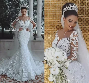 شراءفساتين زفاف بحورية البحر بأكمام طويلة من الدانتيل الشفاف العربي ، مزينة بالخرز ، فساتين زفاف روب دي ماري