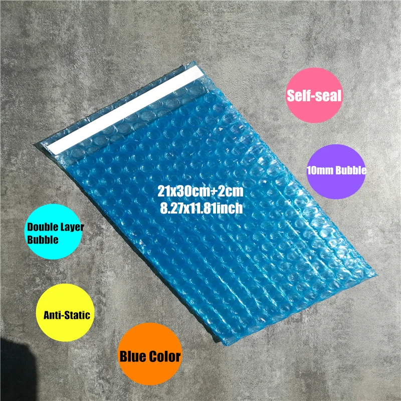 21*30cm+2cm 50Pc Blue & Anti static Bubble PE Self Sealing Bubble Envelopes Wrap & Bag