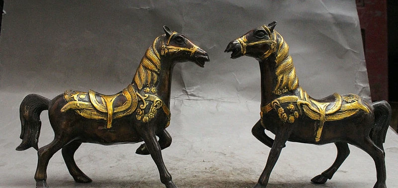 

8" China fengshui Bronze Gilt Success Wealth Plum Flower Fine Horse Statue Pair