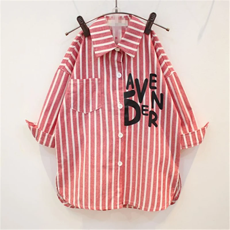 Весенняя модная Осенняя рубашка для девочек Детская рубашка в Вертикальную Полоску с длинными рукавами, куртка детская рубашка туника, блузки - Цвет: Розовый