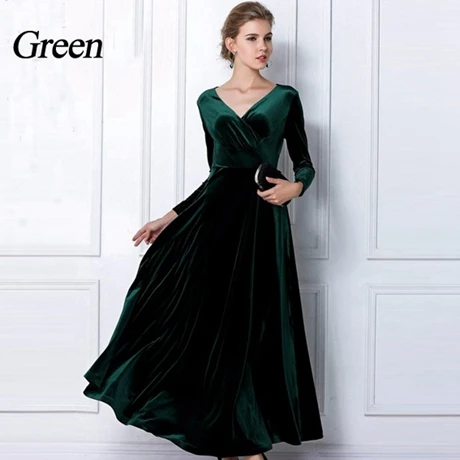 TingYiLi, зимнее женское бархатное платье, плюс размер, Платье макси с длинным рукавом, вечернее винтажное платье, черное, синее, зеленое, фиолетовое, Vestido - Цвет: Зеленый