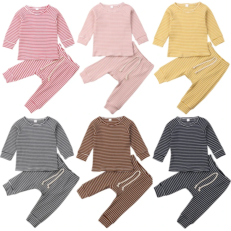 

6 Colors Newborn Infant Kids Baby Girls Boys Clothes Sets Striped Cotton Long Sleeve Pullover Tops+Pants 2pcs