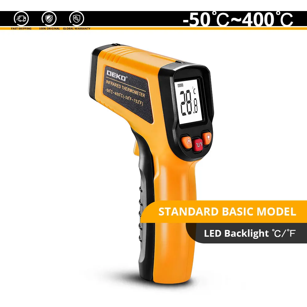 Цифровой двойной лазерный инфракрасный термометр DEKO WD01 для измерения температуры поверхности, Бесконтактный Регулируемый пирометр с ЖК-дисплеем - Цвет: Yellow 400 Celsius