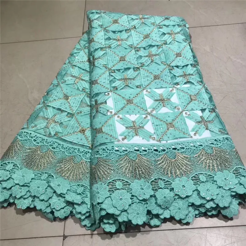 

African Teal Green Lace Fabric Guipure Lace Fabric High Quality Nigerian Cord Lace Fabric With Stones For Wedding Dress NLY69-1