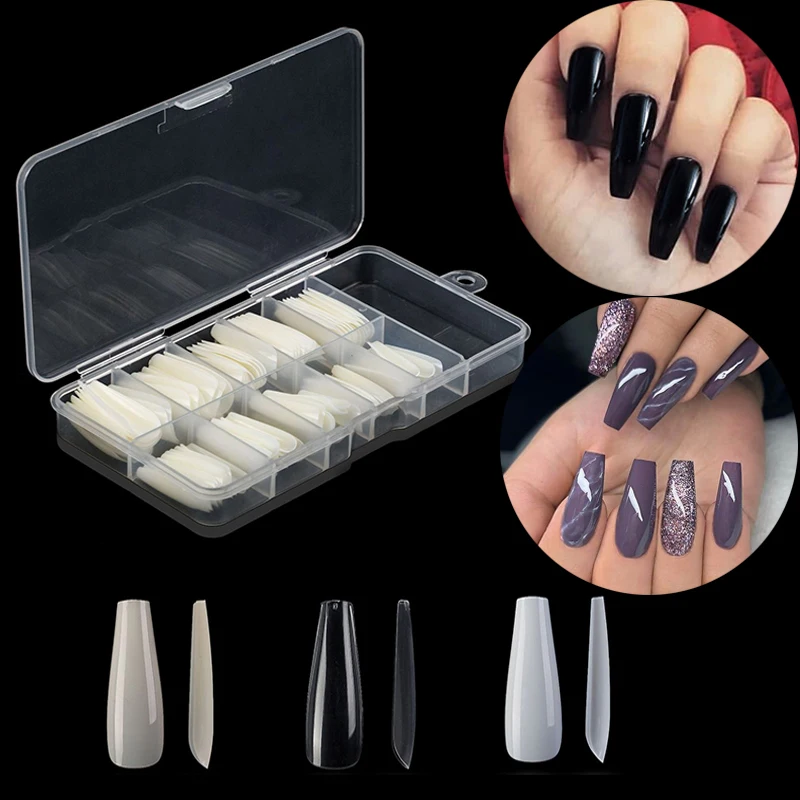

100pcs/box Long Ballerina Flase Nail Art Tips White/Clear/Natural Coffin Nails Art Tips Flat Shape Full Cover Acrylic Nail Tips