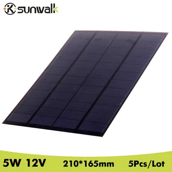 

SUNWALK 5pcs 5W 12V Solar Cell Panel Module 410mAh Polycrystalline PET Mini Solar Panel for Solar System and Test 210*165mm
