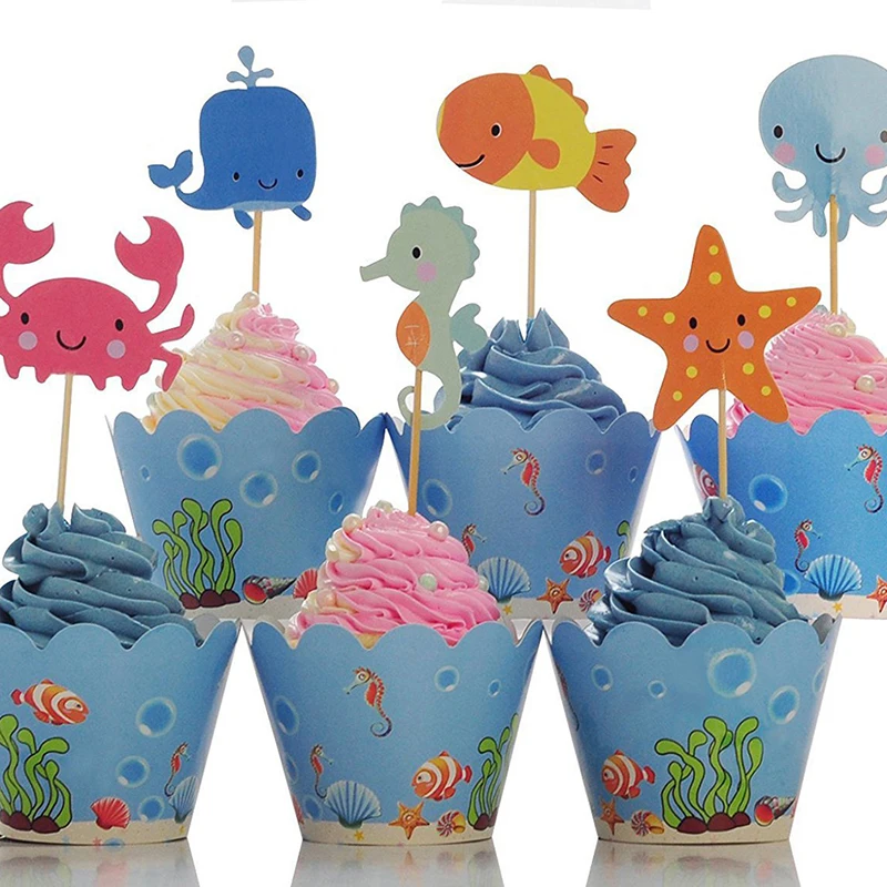 

24PCS/Pack Paper Cake Insert Card Fish Starfish Whale Crab Octopus Cute Sea Animal Shape Cake Toppers For Kids Party Decor