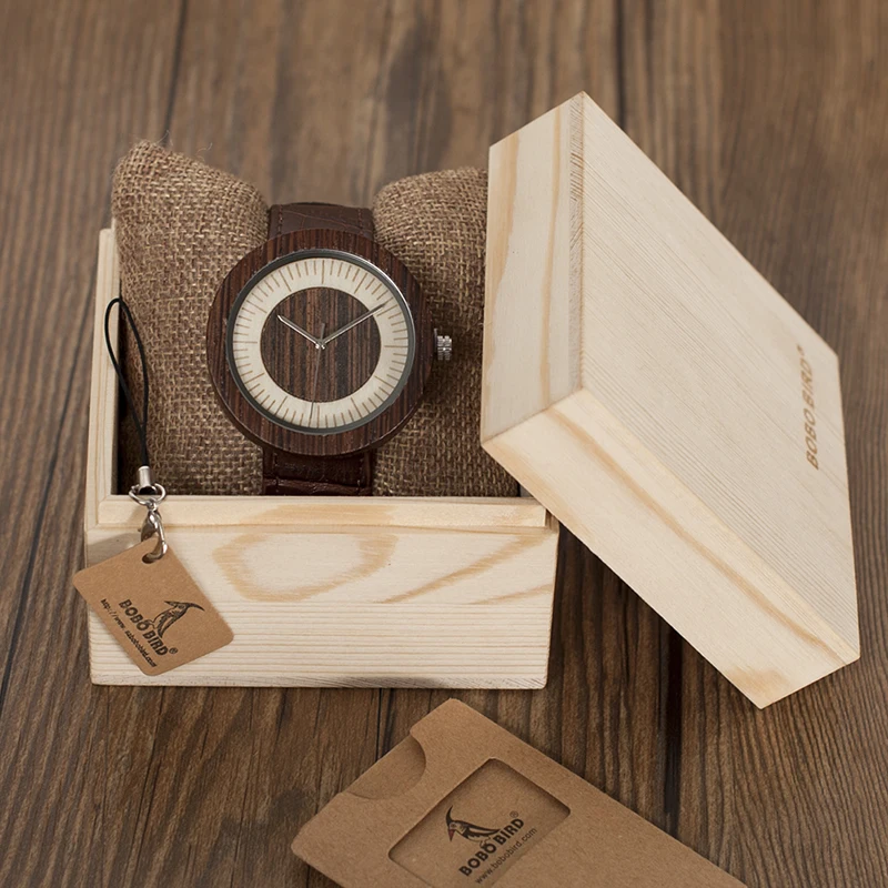 BOBO BIRD Round Wooden Case Mens Watches Simple Wood Dial Leather Wristwatch in Gift Wooden Box