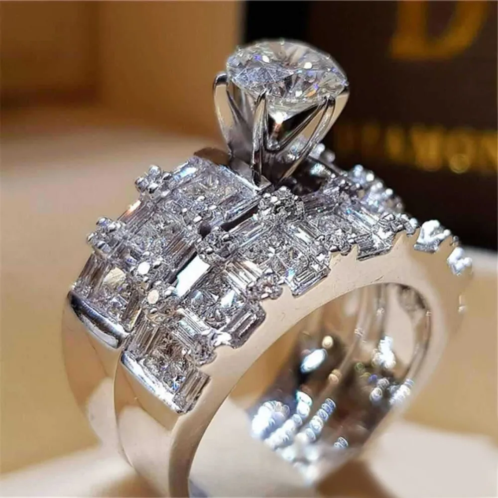 

Luxury Female Crystal Zircon Ring Set Boho 925 Silver Wedding Rings Jewelry Bridal Sets Promise Engagement Rings For Women