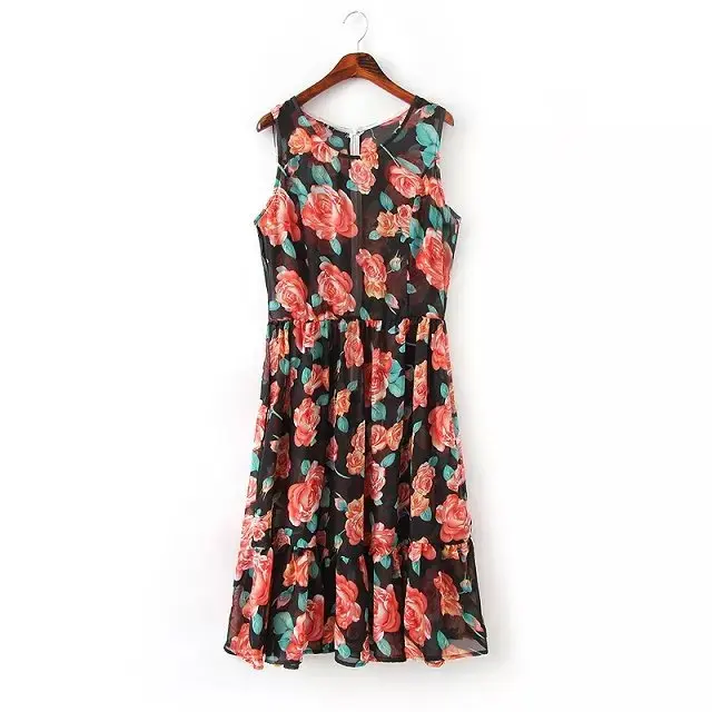 

QZ1949 New Fashion Ladies' elegant sweet floral print Dress vintage O neck sleeveless causal slim brand dress