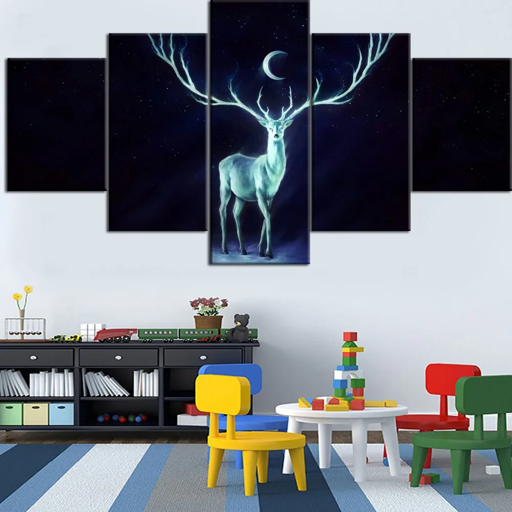 Wall Art 5 шт. Печать на холсте картина ночной Луны животных оленьих рожек Тип плакат