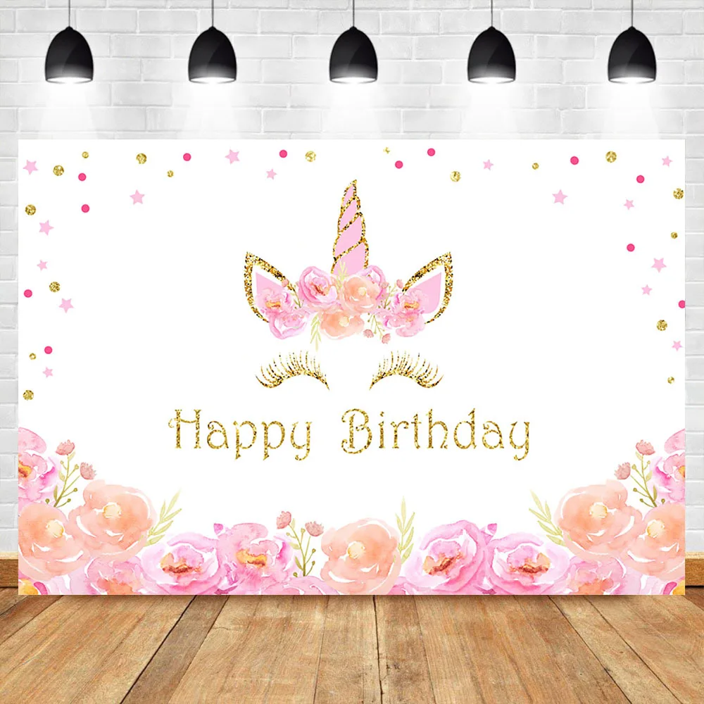 

Birthday Unicorn Backdrop Close Eyes Unicorn Background Flower Gold Stars Girls Party Cake Table Decorate Photography Backdrops