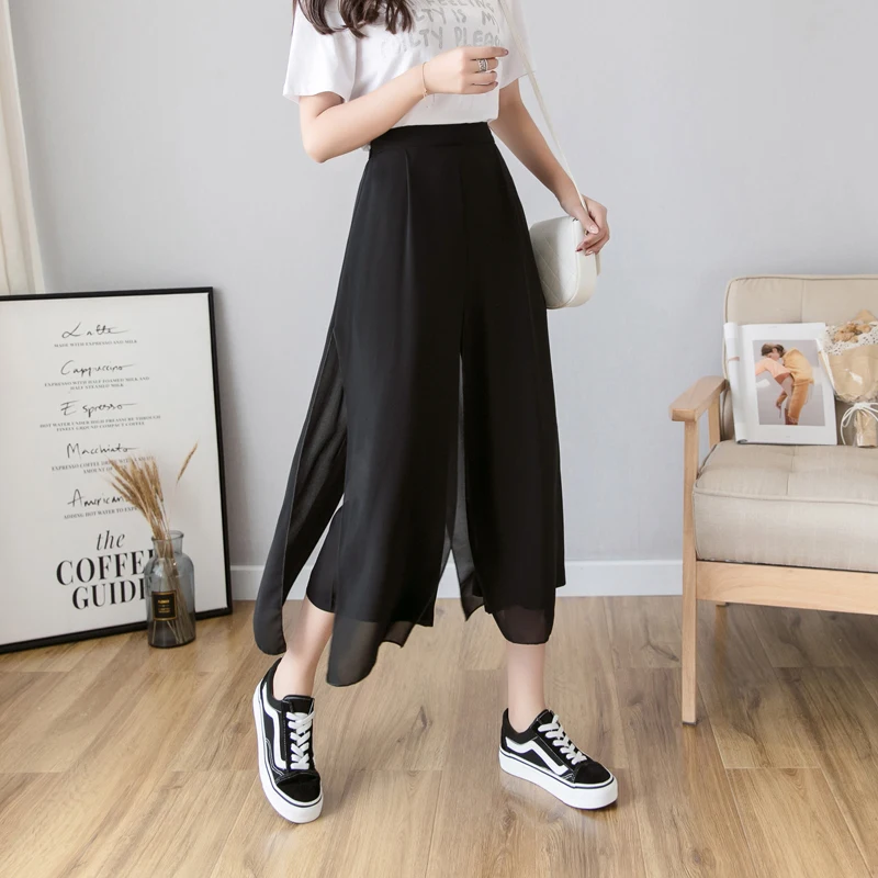 Elegant women summer pants wide leg elastic high waist split trousers casual streetwear fashion female palazzo pants Elegant women summer pants wide leg elastic high waist split trousers casual streetwear fashion female palazzo pants