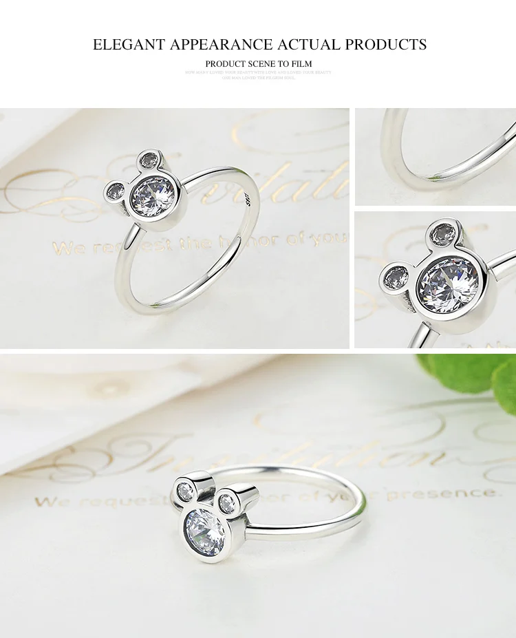 Настоящее серебро 925 пробы, ослепительные женские кольца с мышкой Микки Мауса для женщин, ювелирные изделия для свадьбы, помолвки, S925 ECR032