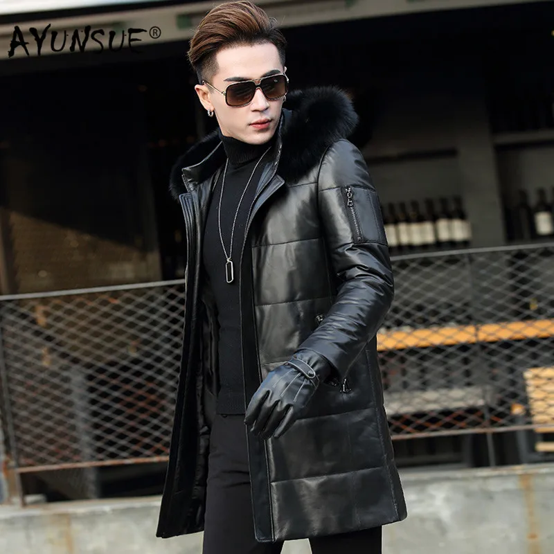 

AYUNSUE Men's Sheepskin Coat Genuine Leather Winter Duck Down Jacket Men Fur Collar Hooded Long Coat Men Jacket Y2001 YY300