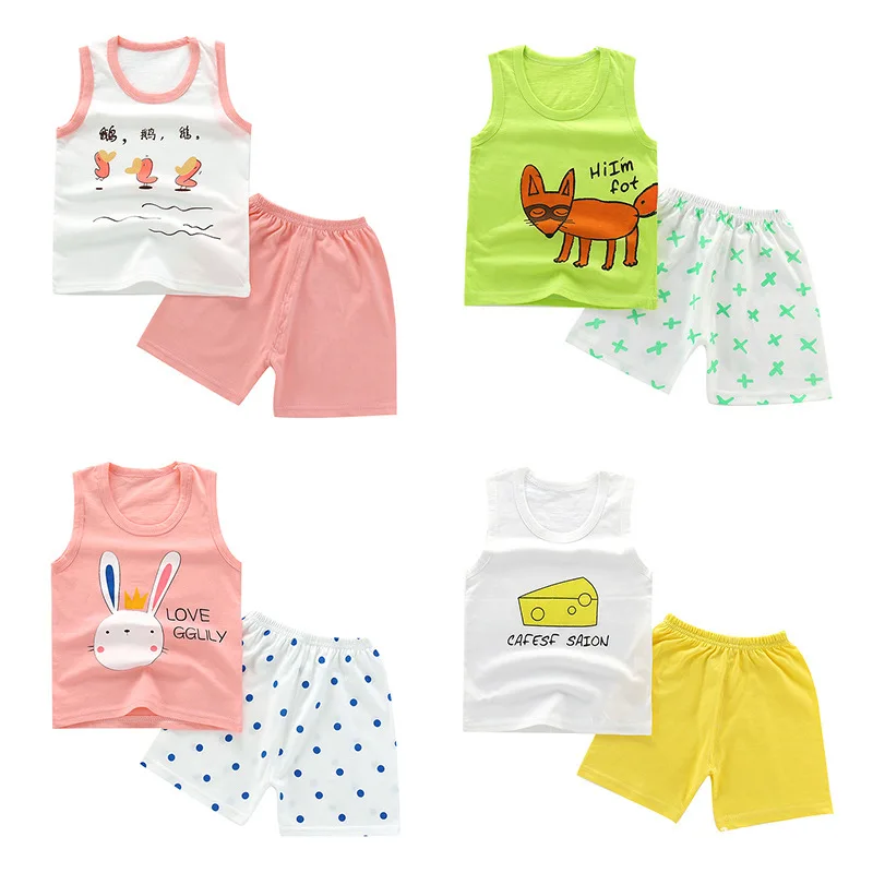 

2019 Summer New Baby Boy Clothes Children's Vest Suit Kids Pure Cotton Cartoon Printing Round Neck Tops+Shorts