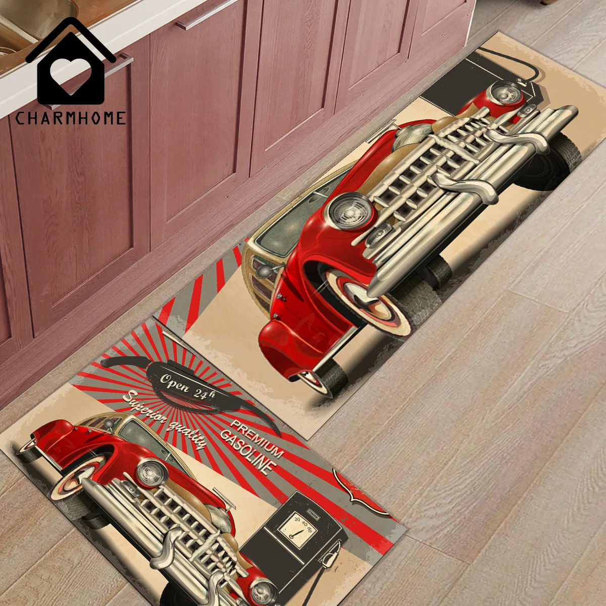

CHARMHOME 2Pcs/Set Retro Car Poster Route 66 Long Kitchen Mat Carpet Floor Mats Home Entrance Doormat Bedroom Living Room Rug