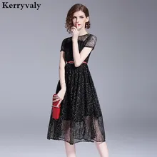 Mulheres Verão Vestido de Renda Preta Vestido Mujer Verano 2018 Escavado-out Grande Pêndulo Vestido de Festa Midi Sukienka Damska K6003