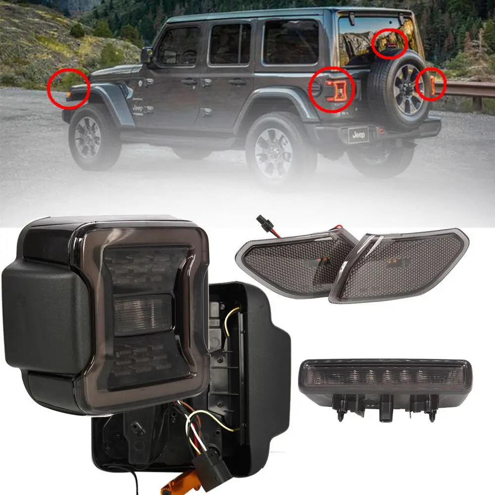 

Smoked LED Tail Light & 3rd Brake Light Set for Jeep Wrangler JL 2018 2019 High Mount Stop Reverse Turn Signal Light