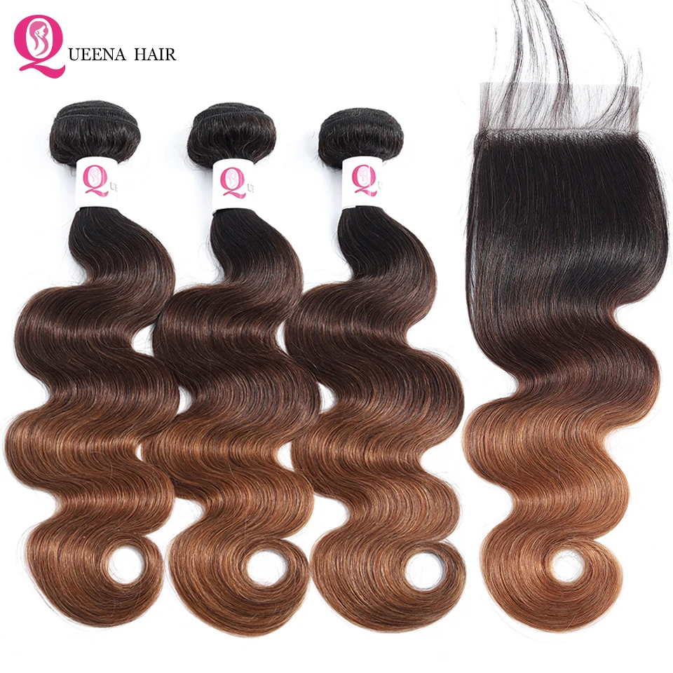 

Ombre Body Wave Hair Bundles With Lace Closure 1B/4/30 Three Tone Color Ombre Brazilian Human Hair Weave 3 Bundles With Closure