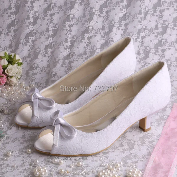 Wedopus Bridal Shoes Lace White Wedding Shoes Low Heel Peep Toe Bow Heels Custom Made