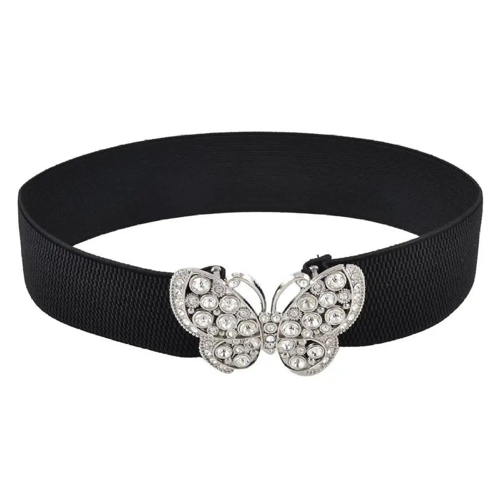 

HOT SALE!Women Rhinestones Accent Butterfly Hook Buckle Elastic Waist Belt