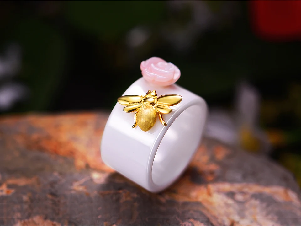 Женское керамическое кольцо Lotus Fun, изящное кольцо с пчелой и цветком розы, ювелирное изделие ручного изготовления из настоящего серебра 925 пробы