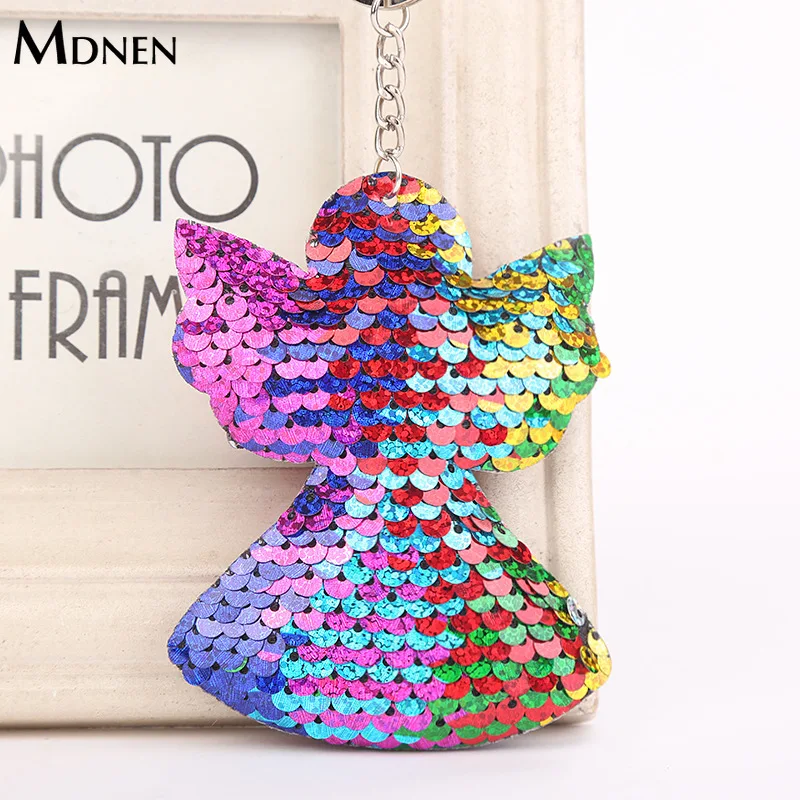 

MDNEN Cute Women Angel Bird Man Sequins Keychain Sequins Key Chain Glitter Pompom Key Ring Cartoon Animal Keyholder Women Keyfob