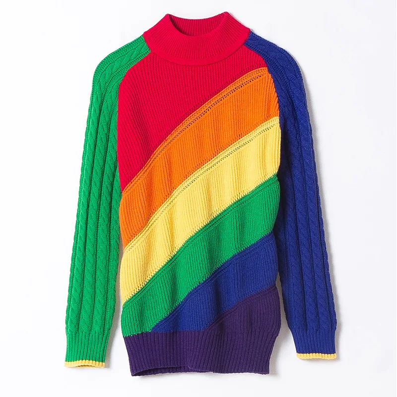 Rainbow striped half turtleneck elastic knit pullovers sweater 2018 new long sleeve women autumn winter thick loose sweater