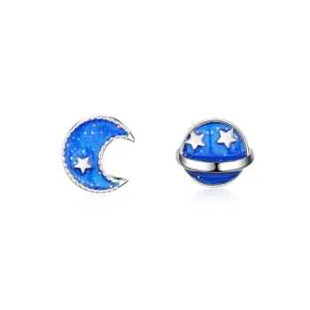 

New Fashion Asymmetric Blue Star & Moon 925 Sterling Silver Ladies Stud Earrings Wholesale Jewelry Women Female Girls