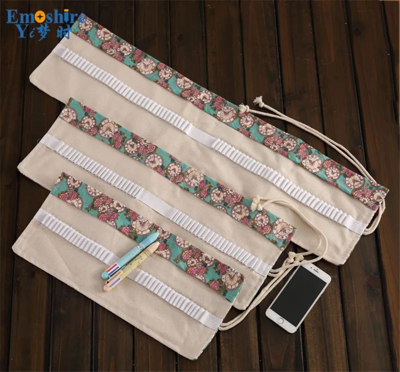 Emoshire New rose clock hand painted canvas pen bag art color lead stationery box student pencil bag large capacity art painting (10)