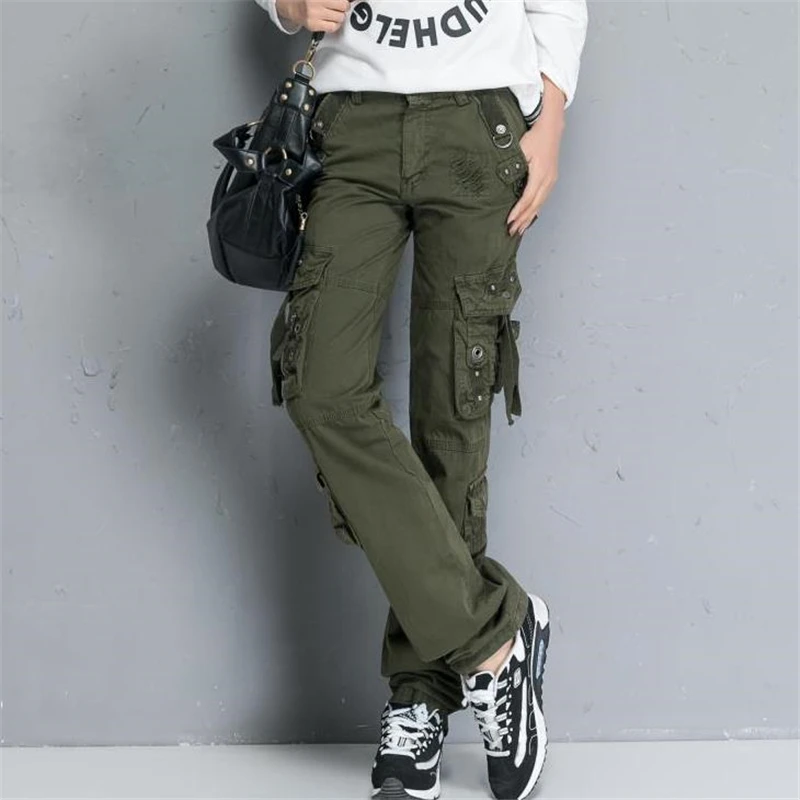 Woman Spring Plus Size Solid Cargo Pants Female autumn Straight Loose Pocket Rivet Trousers women cotton thick capris lady pan Woman Spring Plus Size Solid Cargo Pants Female autumn Straight Loose Pocket Rivet Trousers women cotton thick capris lady pan